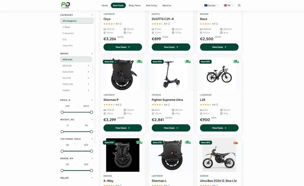 PEV Deals katalogas su kategorijos, prekių ženklo, kainos, svorio, greičio ir nuvažiuojamo atstumo filtrais