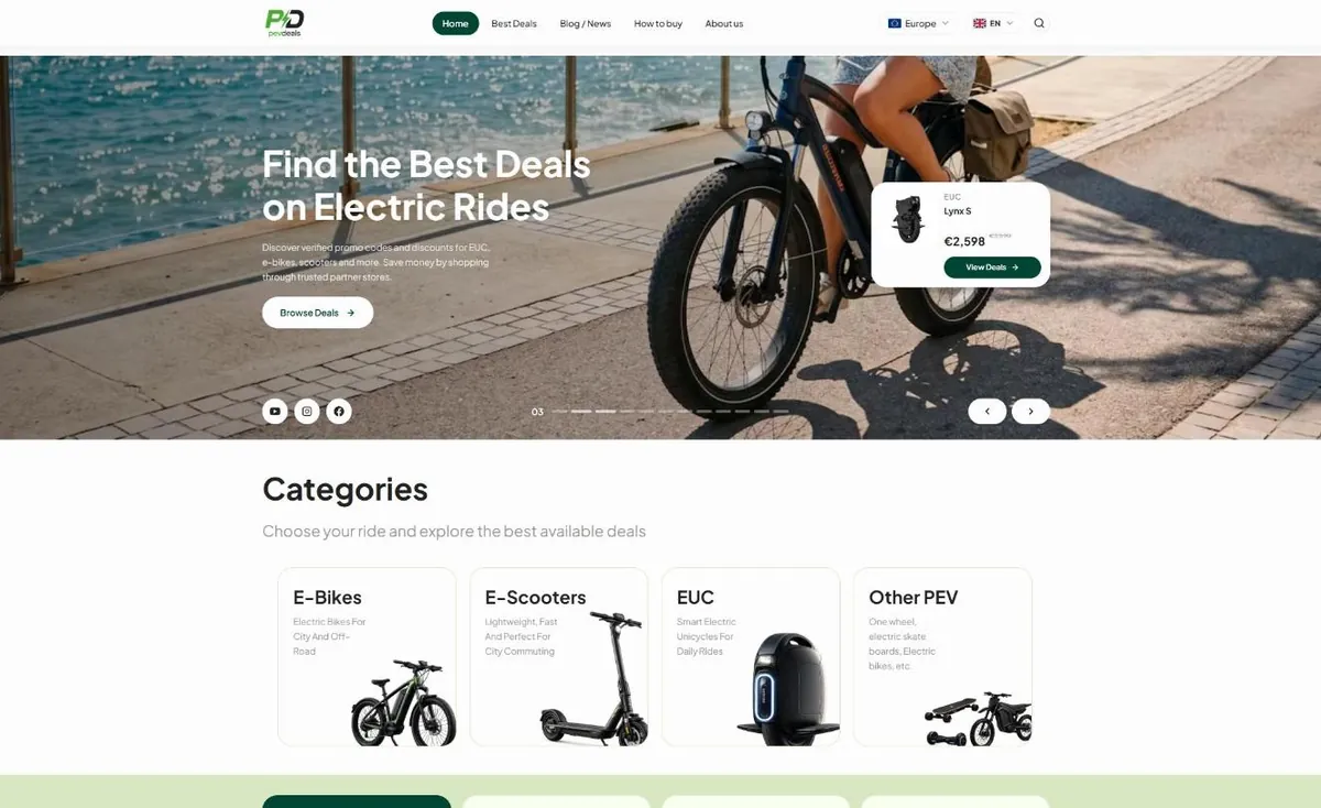 PEV Deals pagrindinis puslapis su išskirtiniu pasiūlymu ir kategorijų kortelėmis