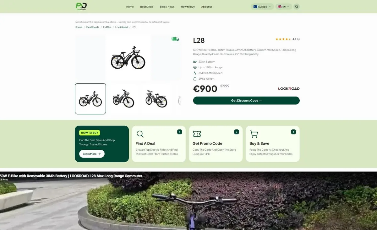 PEV Deals produkto puslapis su specifikacijomis, kaina ir nuolaidos kodo mygtuku